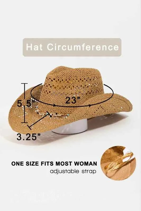 Fame Beaded Cowrie Shell Straw Weave Western Cowboy Hat