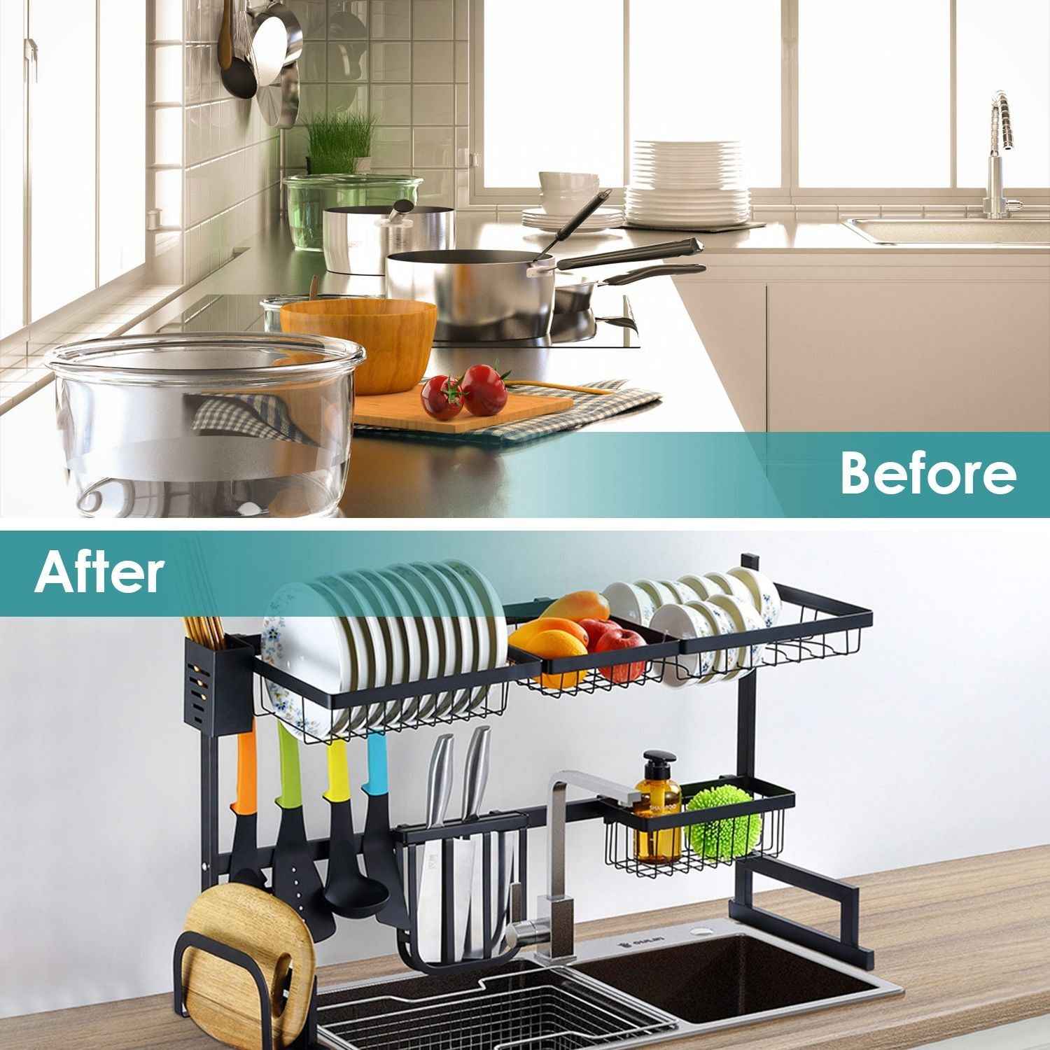 2-Tier Over the Sink Dish Drying Rack Drainer Utensil Organizer Holder Tableware Organizer Large Dish Rack for Kitchen Countertop Stainless Steel 33.7in