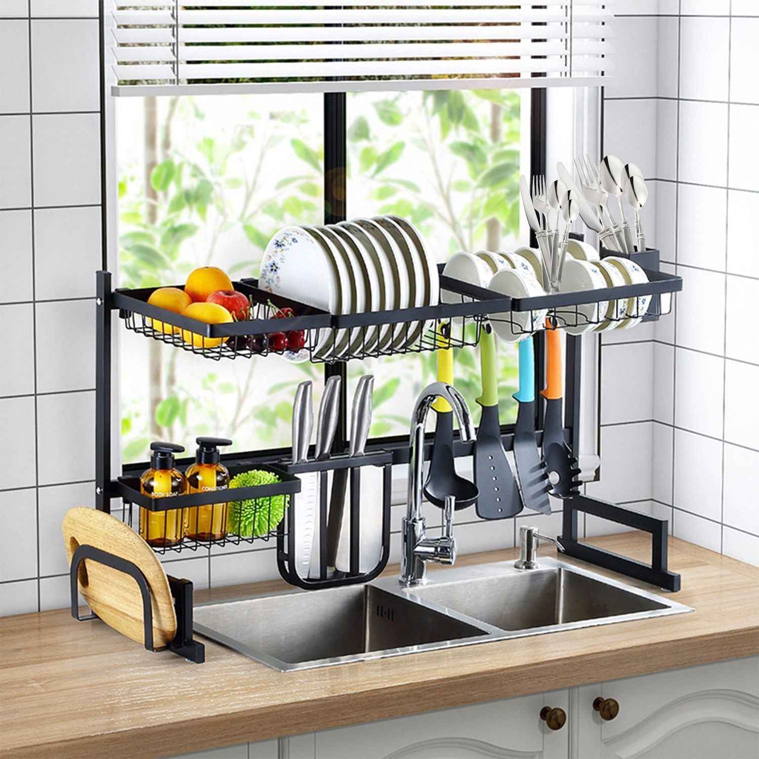 2-Tier Over the Sink Dish Drying Rack Drainer Utensil Organizer Holder Tableware Organizer Large Dish Rack for Kitchen Countertop Stainless Steel 33.7in