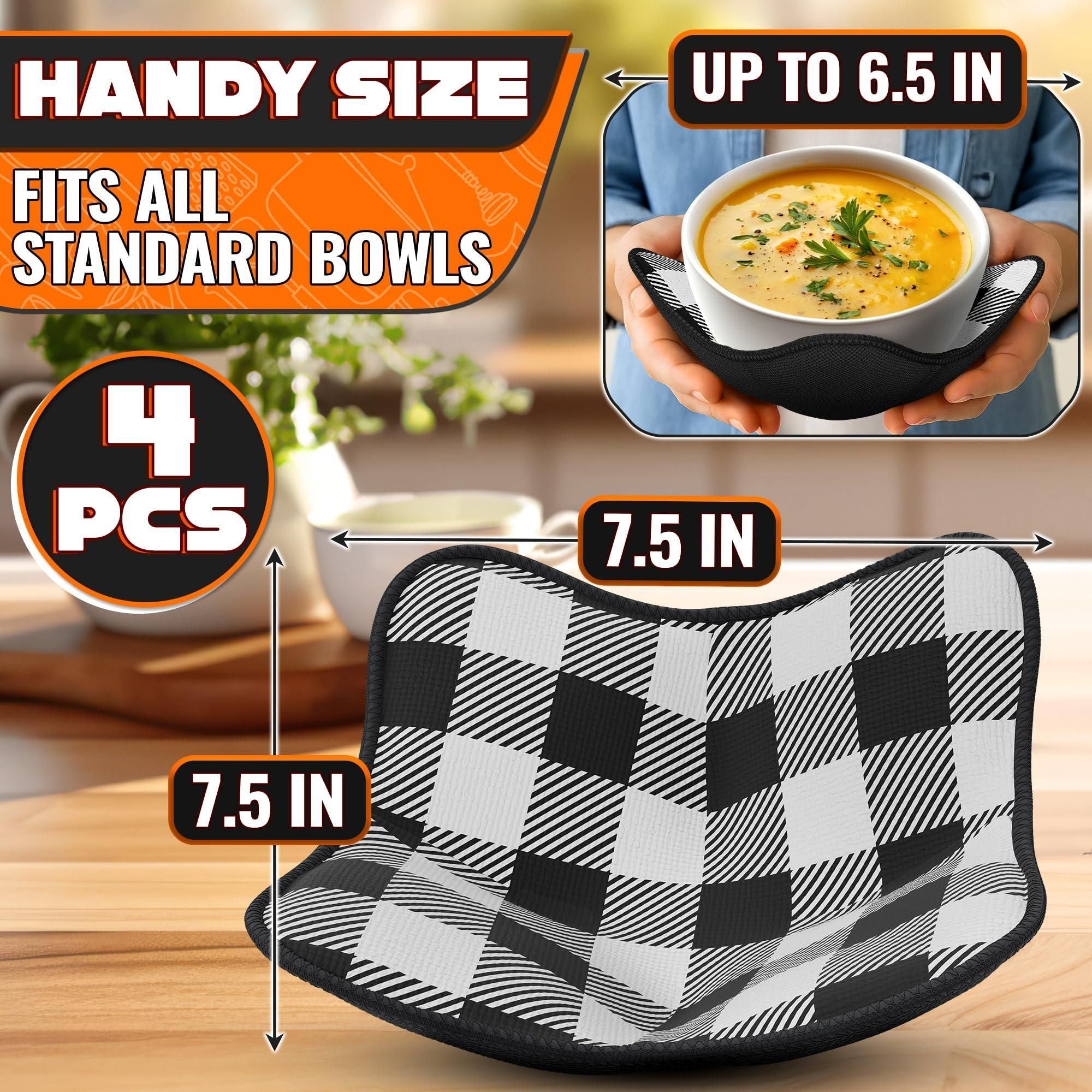 4 Piece Microwave Bowl Holder Set 7.5 x7.5 inch Microwave Bowl Holders for Hot Food Black and White Checkered Fabric for Safe & Easy Handling Machine Washable - JM Variety Store