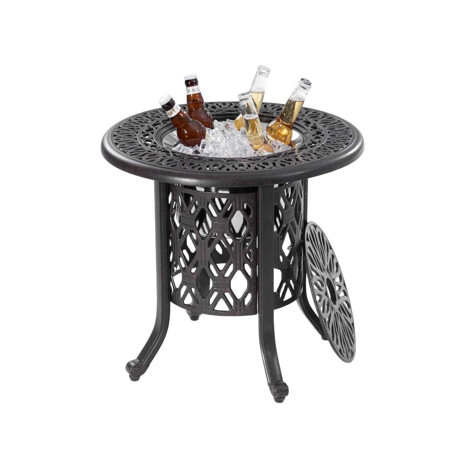 21" Side Table With Removable Ice Bucket- Rustproof Cast Aluminum Frame, Hand-Brushed Finish, Food-Grade 304 Stainless Steel Bucket - Perfect for Indoor & Outdoor, Patio, Balcony, and Poolside