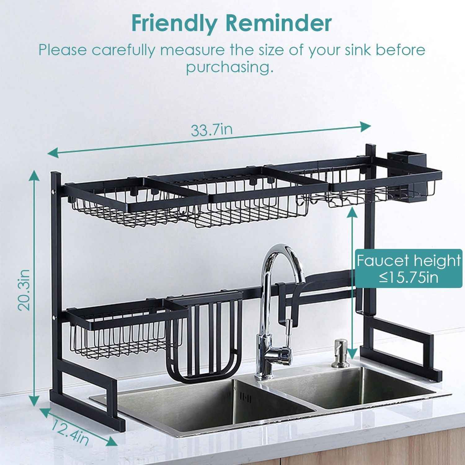 2-Tier Over the Sink Dish Drying Rack Drainer Utensil Organizer Holder Tableware Organizer Large Dish Rack for Kitchen Countertop Stainless Steel 33.7in