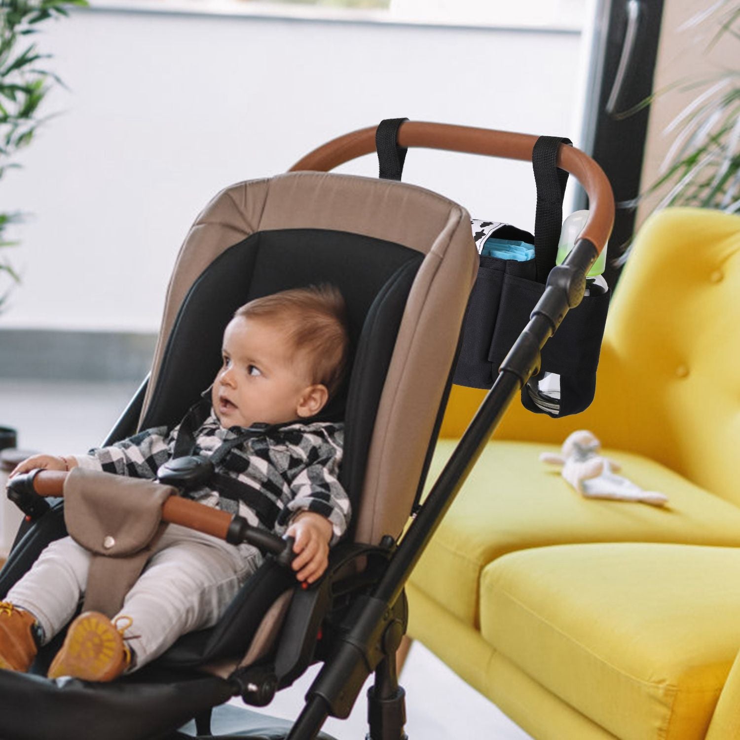 Stroller Organizer Bag 6 Pockets Baby Trolley Bag with Cup Holder for Paper Tissue Diaper Phone Snacks Baby Cream - JM Variety Store