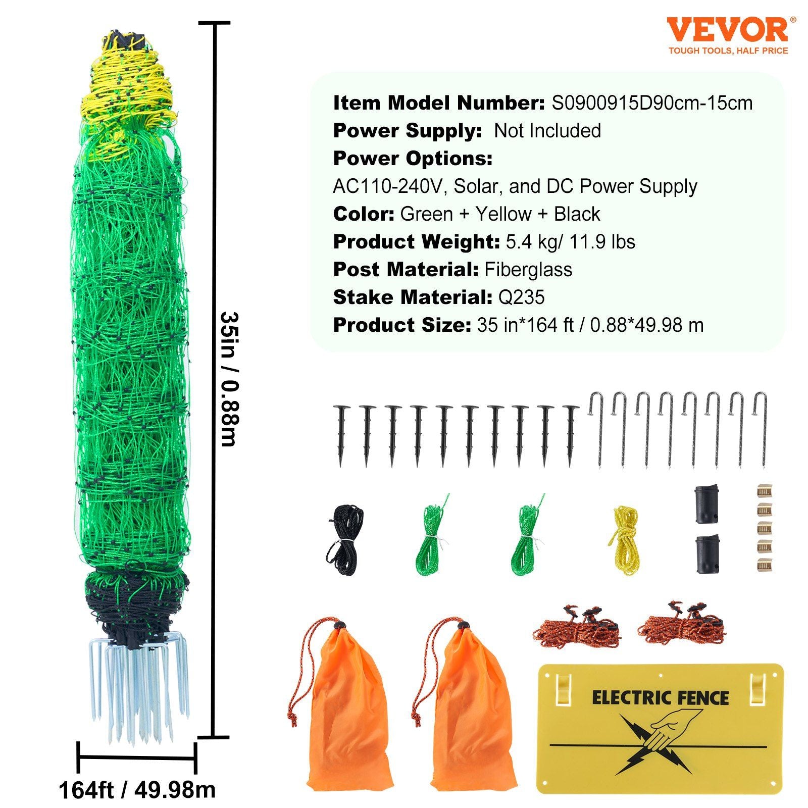 VEVOR Electric Fence Netting, 35" H x 164' L, PE Net Fencing with Posts & Double-Spiked Stakes, Utility Portable Mesh for Goats, Sheep, Lambs, Deer, Hogs, Dogs, Used in Backyards, Farms, and Ranches - JM Variety Store