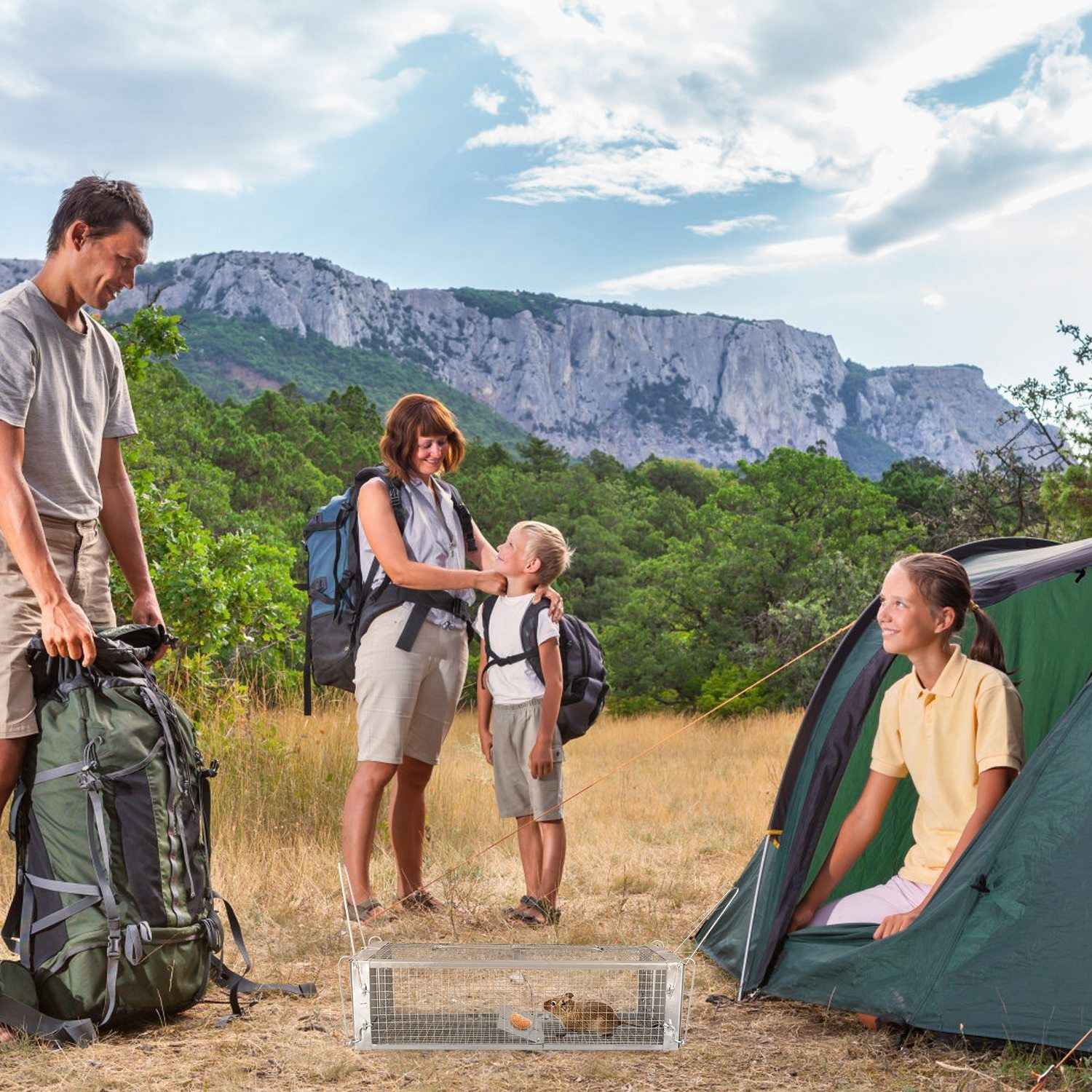 Dual Door Rat Trap Cage Humane Live Rodent Dense Mesh Trap Cage Zinc Electroplating Mice Mouse Control Bait Catch with 2 Detachable U Shaped Rod