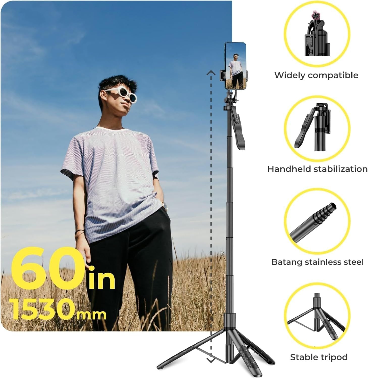 Phone Tripod 62" Selfie Stick for iPhone with Remote and 3W LED Light, Universal Mount, Phone Stand for Recording & Streaming, Tripod for iPhone & Android Phone & Gopro - JM Variety Store