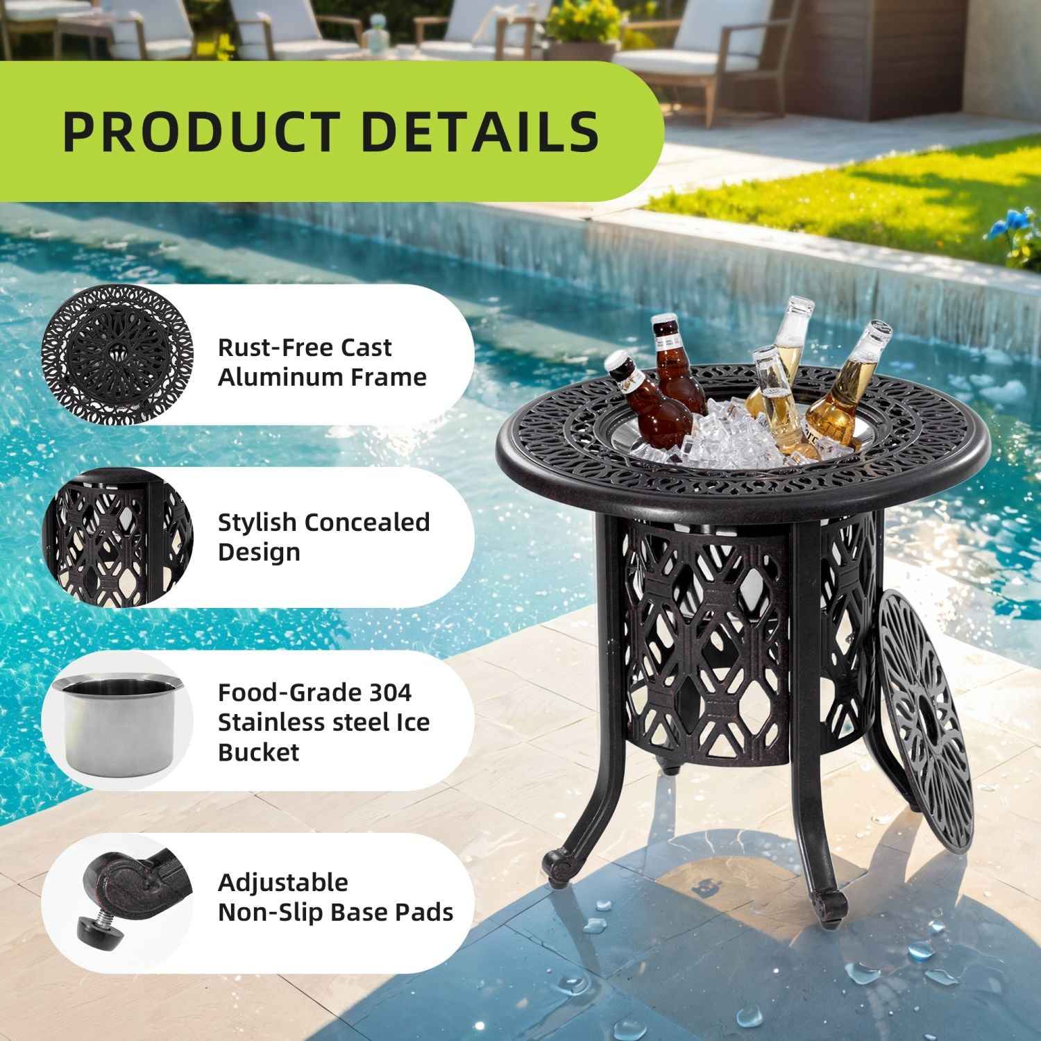 21" Side Table With Removable Ice Bucket- Rustproof Cast Aluminum Frame, Hand-Brushed Finish, Food-Grade 304 Stainless Steel Bucket - Perfect for Indoor & Outdoor, Patio, Balcony, and Poolside