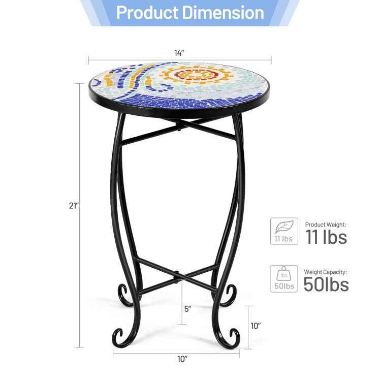 14 Inch Mosaic Round Side Table Plant Stand for Patio Lawn Garden