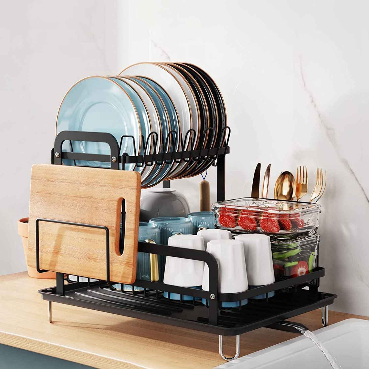2-Tier Dish Drying Rack for Kitchen Counter Space Saving Rustproof Dish Rack with Drainboard Detachable Kitchen Drainer Organizer Set with Utensil Holder Bowl Rack Dish Rack Chopping Board Rack