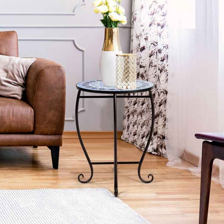 14 Inch Mosaic Round Side Table Plant Stand for Patio Lawn Garden