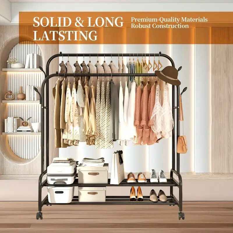 Heavy-Duty Rolling Metal Garment Rack with Dual Bars - Portable Clothes Hanger w/Shelves - Hooks, Multi-Functional Wardrobe Organizer for Bedroom/Laundry,