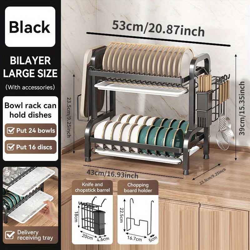 IAGREEA Double deck kitchen cutlery drying rack, 27-inch dish rack with interchangeable accessories, large kitchen plate rack counter organizer space saving, black
