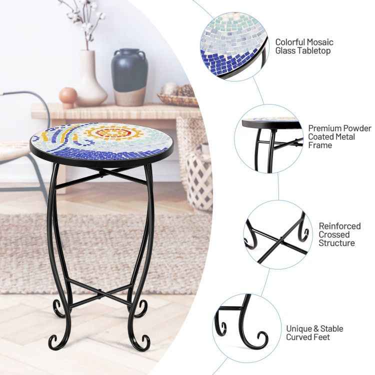 14 Inch Mosaic Round Side Table Plant Stand for Patio Lawn Garden