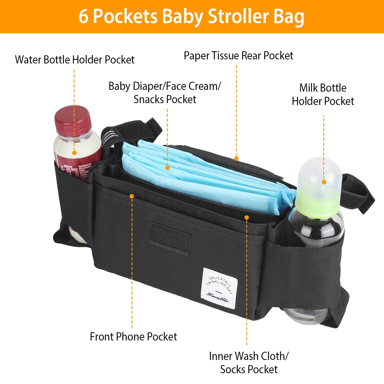 Stroller Organizer Bag 6 Pockets Baby Trolley Bag with Cup Holder for Paper Tissue Diaper Phone Snacks Baby Cream - JM Variety Store
