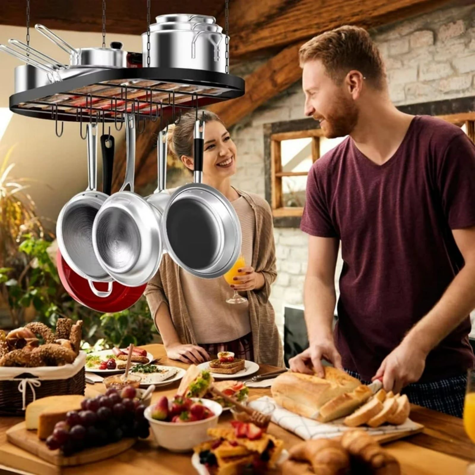 Hanging Pot Rack Ceiling Mount Cookware Organizer with 12pcs Hooks Pots and Pans Storage 33' Oval Pan Hangers for Kitchen,Easy Assembly, Black - JM Variety Store