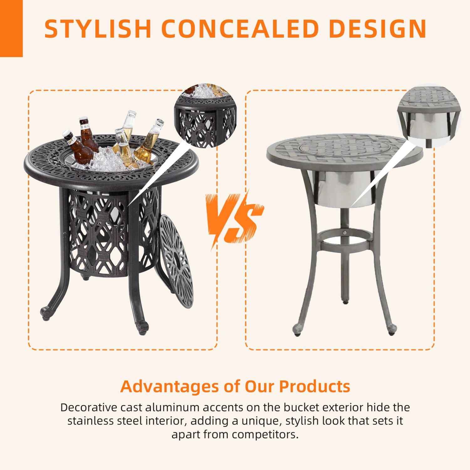 21" Side Table With Removable Ice Bucket- Rustproof Cast Aluminum Frame, Hand-Brushed Finish, Food-Grade 304 Stainless Steel Bucket - Perfect for Indoor & Outdoor, Patio, Balcony, and Poolside