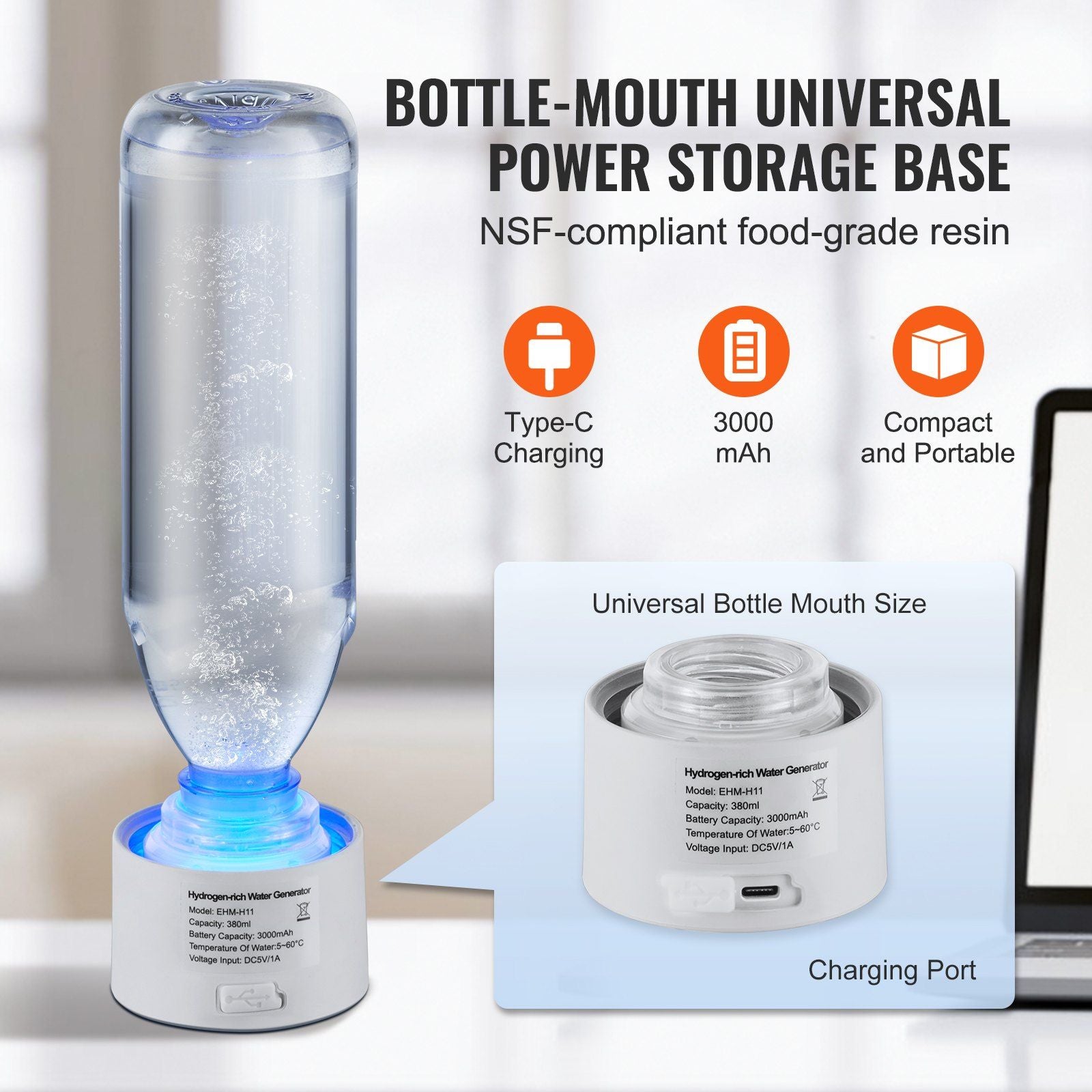 VEVOR Hydrogen Water Bottle Generator, 380 ml / 13.4 oz Capacity Portable Hydrogen Water Maker, SPE Technology Hydrogen Rich Water Ionizer Machine with Nasal Inhalation Tube and Self-Cleaning - JM Variety Store