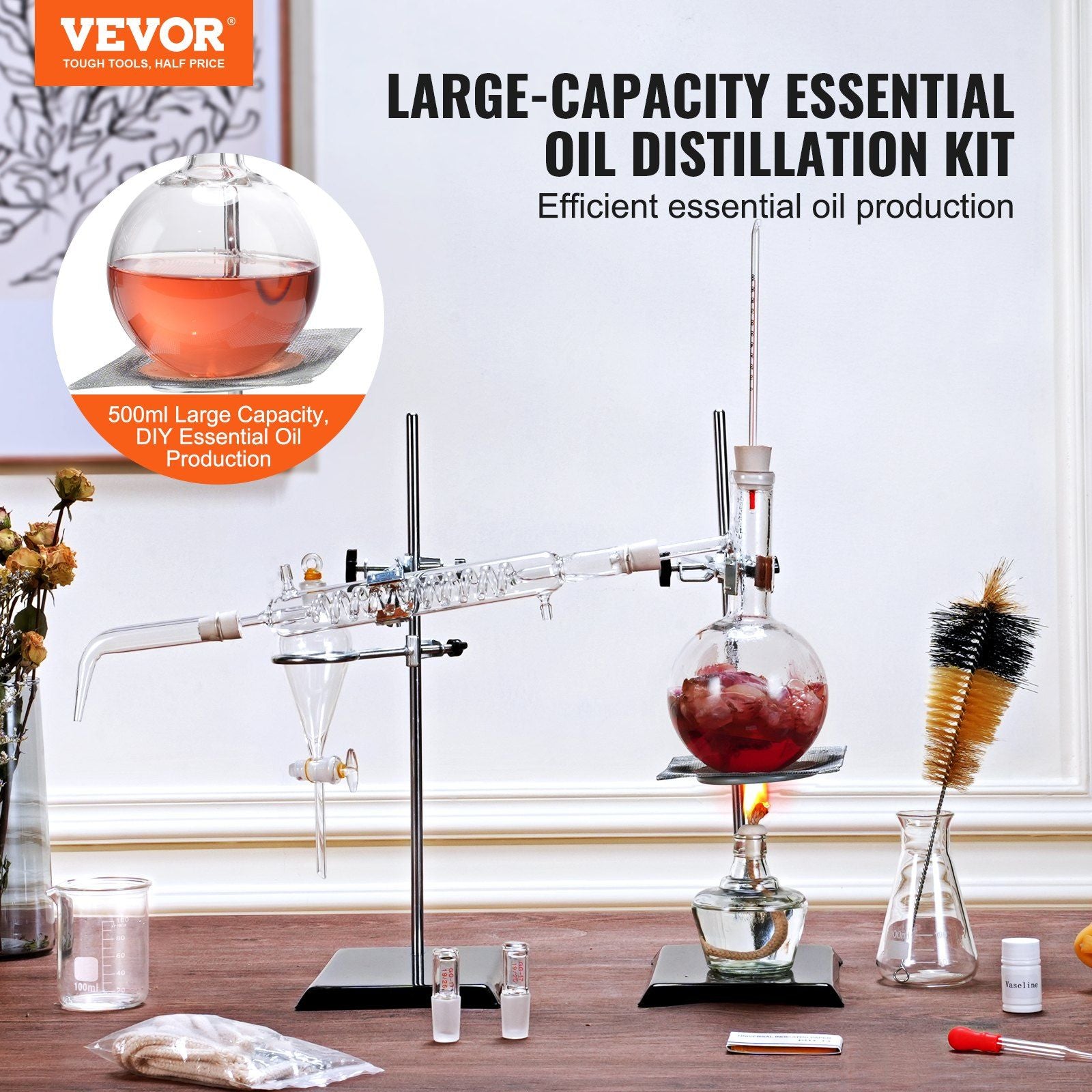VEVOR Essential Oil Distillation Kit, 500ml Distillation Apparatus, 3.3 Boro Lab Glassware Distillation Kit with Alcohol Lamp, Ceramic Mesh and 24, 40 Joint, 28 pcs Set - JM Variety Store