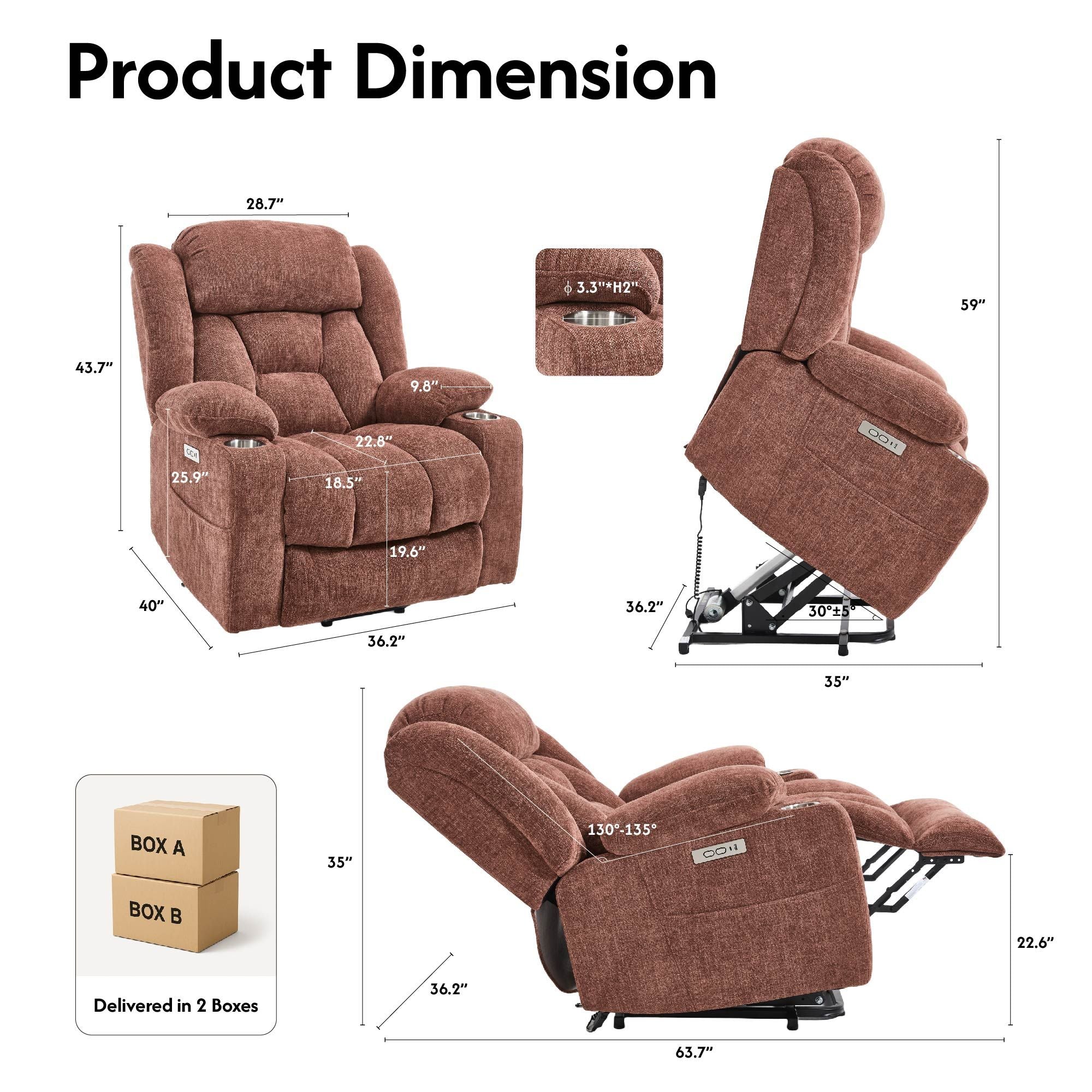 Power Lift Recliner Chair for Elderly, Recliner chair with Massage & Heat, Electric Leather Lift Recliner Chair for Living Room with Side Pocket, USB & Type-C Charge Port, Red Brown - JM Variety Store