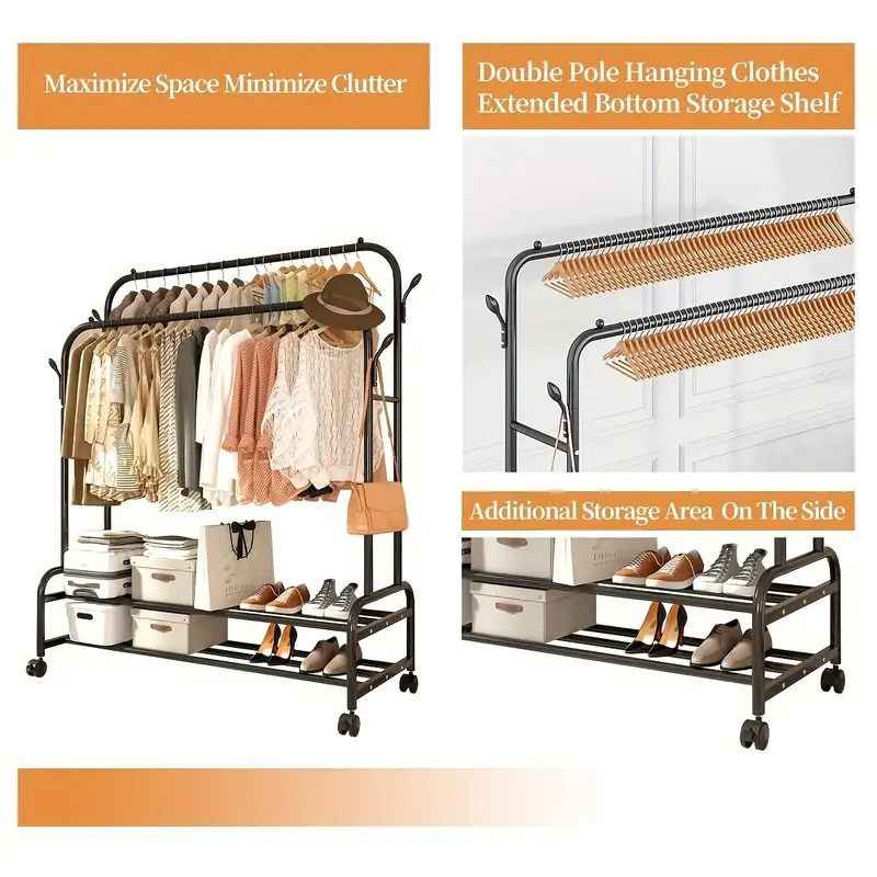Heavy-Duty Rolling Metal Garment Rack with Dual Bars - Portable Clothes Hanger w/Shelves - Hooks, Multi-Functional Wardrobe Organizer for Bedroom/Laundry,