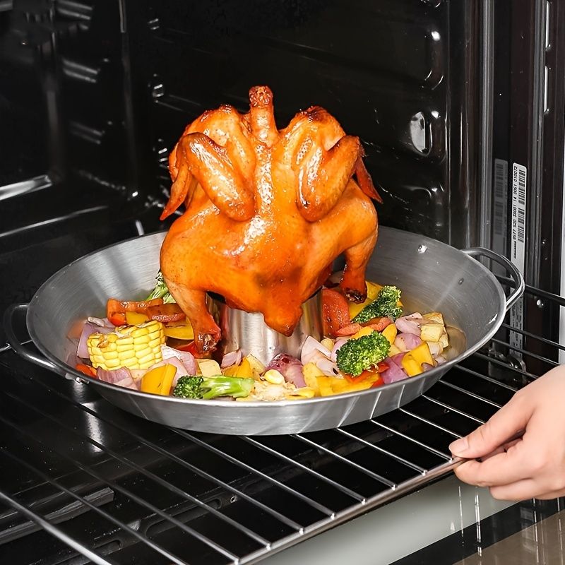 1pc Stainless Steel Round Roasting Pan; Chicken Roaster Rack Holder; 12.4inch/31.5cm; Thanksgiving Gift; Dishwasher Safe - JM Variety Store