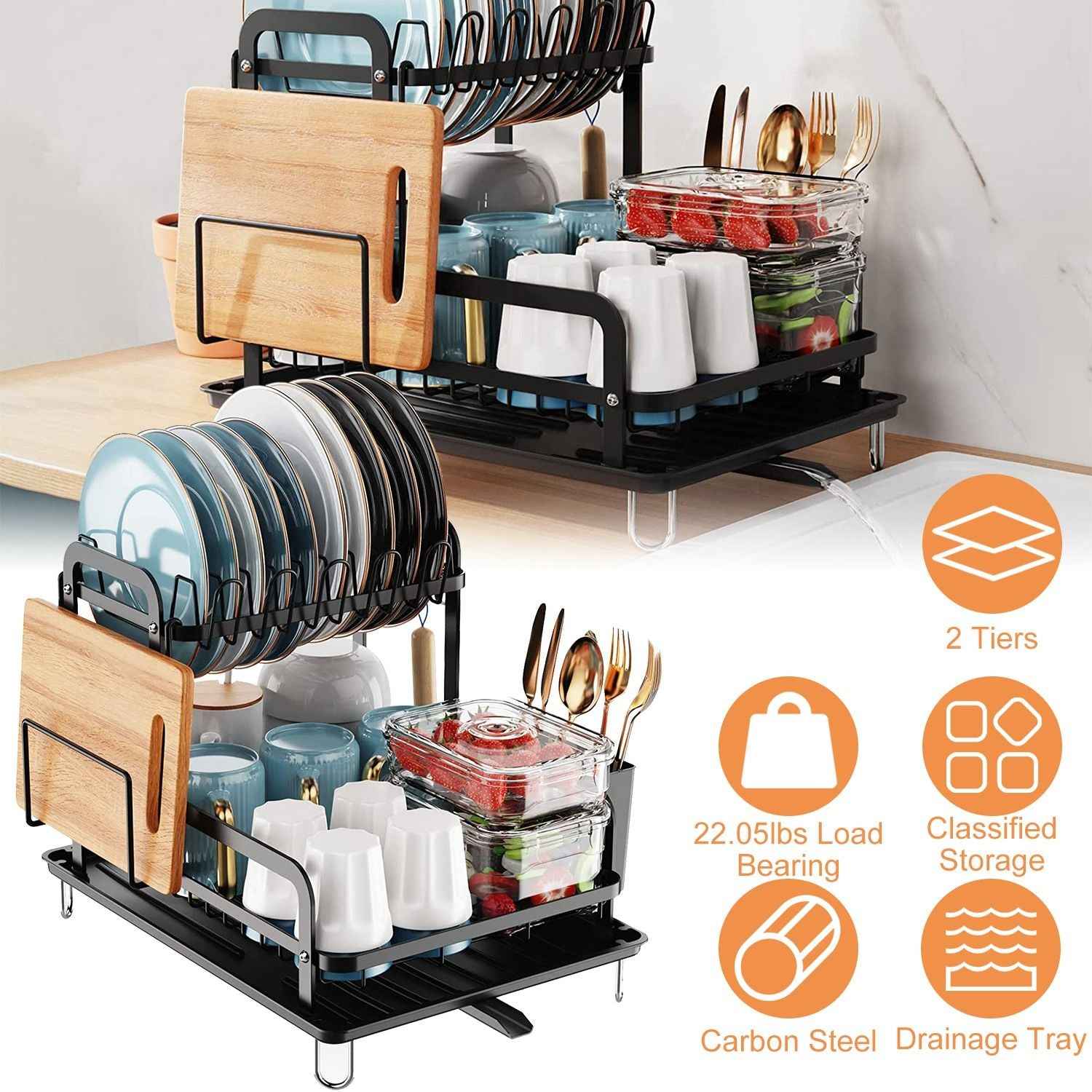 2-Tier Dish Drying Rack for Kitchen Counter Space Saving Rustproof Dish Rack with Drainboard Detachable Kitchen Drainer Organizer Set with Utensil Holder Bowl Rack Dish Rack Chopping Board Rack