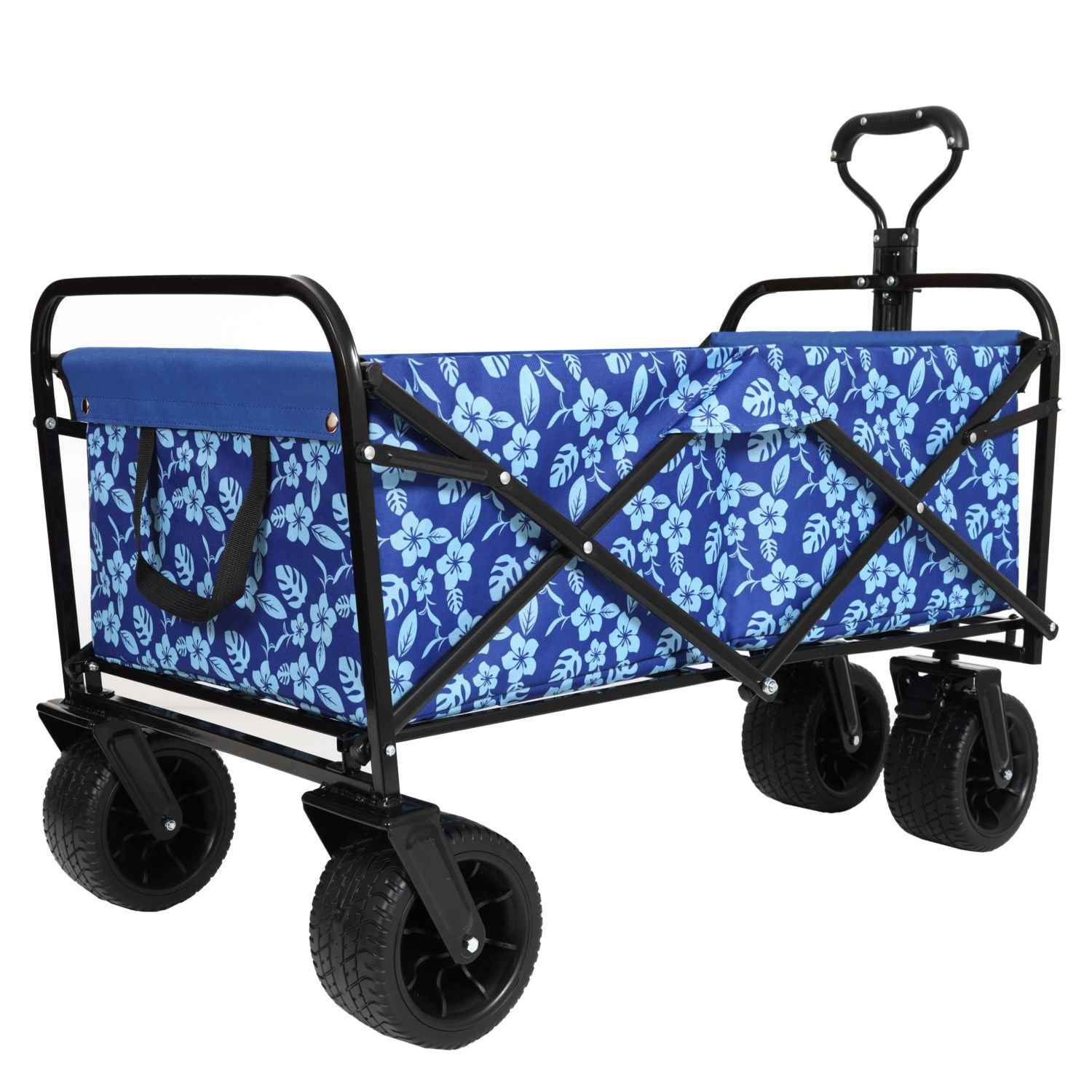 440lbs Collapsible Foldable Wagon Cart, Beach Wagon Utility Cart Utility Wagon Grocery Cart for Camping Shopping Sports Gardening Fishing, blue flower