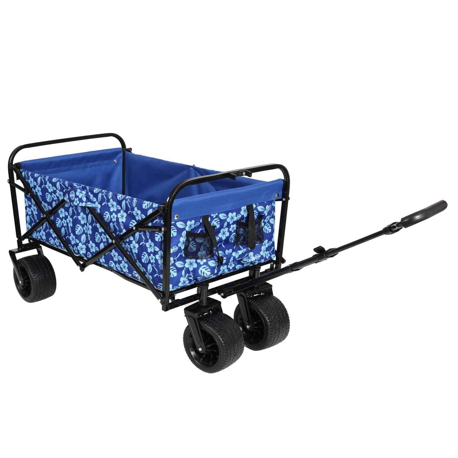 440lbs Collapsible Foldable Wagon Cart, Beach Wagon Utility Cart Utility Wagon Grocery Cart for Camping Shopping Sports Gardening Fishing, blue flower