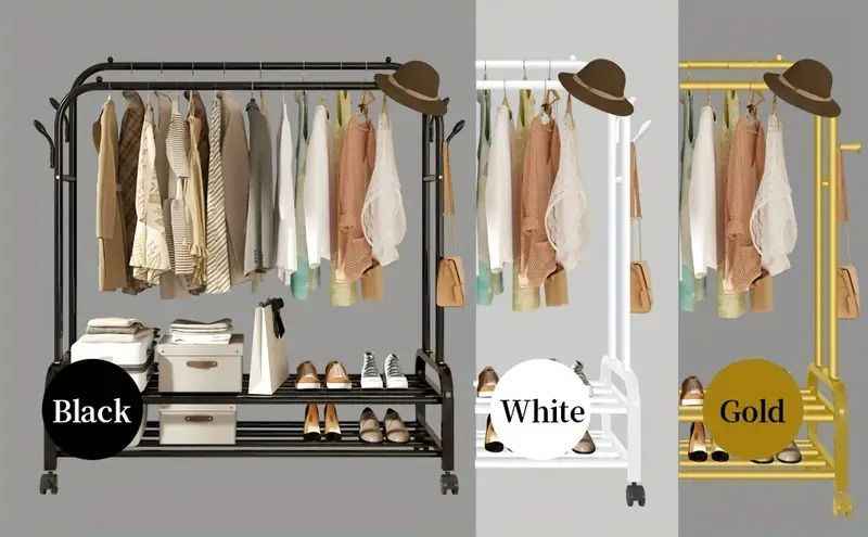 Heavy-Duty Rolling Metal Garment Rack with Dual Bars - Portable Clothes Hanger w/Shelves - Hooks, Multi-Functional Wardrobe Organizer for Bedroom/Laundry,
