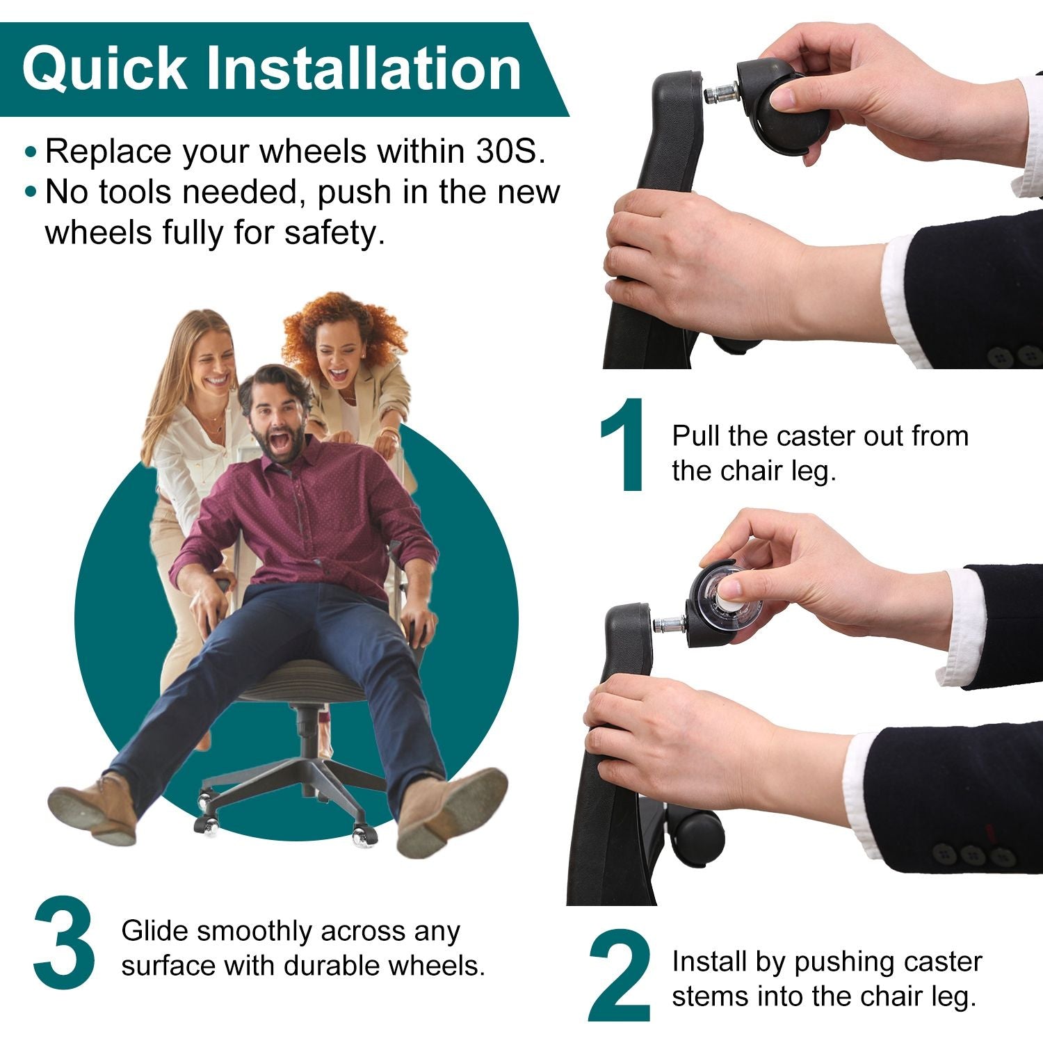 5Pcs Office Chair Wheels Polyurethane Rolling Caster Replacement for Hardwood Floor Carpet Universal Fit 496LBS Max Load - JM Variety Store