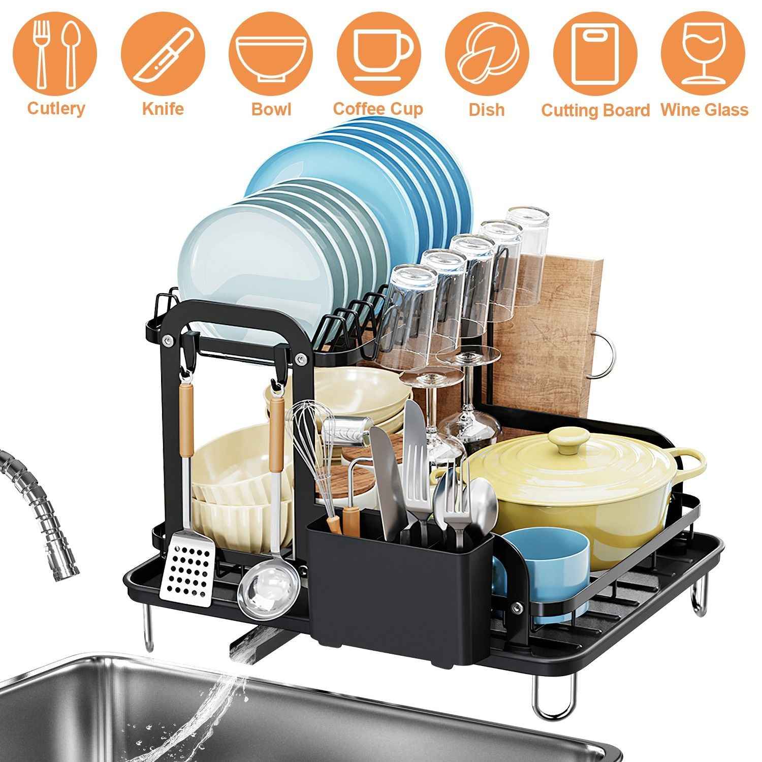 2-Tier Dish Drying Rack for Kitchen Counter Space Saving Rustproof Dish Rack with Drainboard Detachable Kitchen Drainer Organizer Set with Utensil Holder Bowl Rack Dish Rack Chopping Board Rack