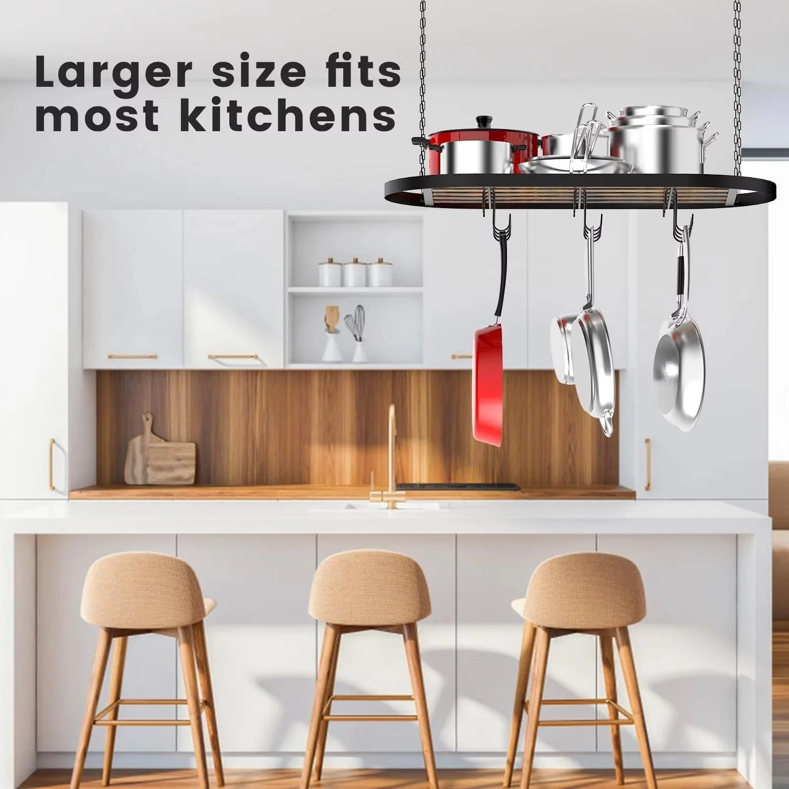 Hanging Pot Rack Ceiling Mount Cookware Organizer with 12pcs Hooks Pots and Pans Storage 33' Oval Pan Hangers for Kitchen,Easy Assembly, Black - JM Variety Store