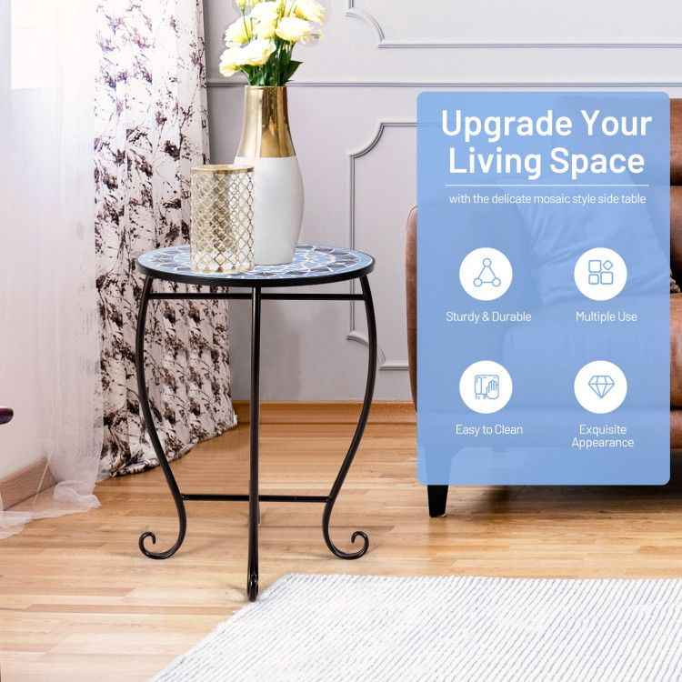 14 Inch Mosaic Round Side Table Plant Stand for Patio Lawn Garden