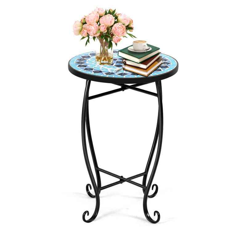 14 Inch Mosaic Round Side Table Plant Stand for Patio Lawn Garden