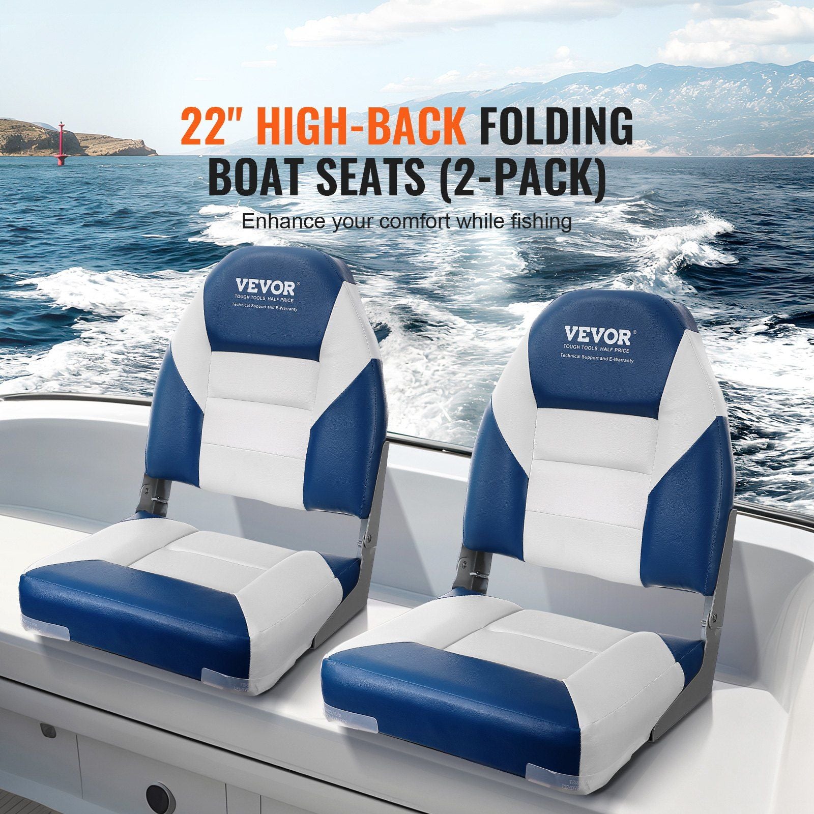 VEVOR Boat Seats, 21.85" High Back Boat Seat, Folding Boat Chair with Thickened Sponge Padding and Hinge, Fold-Down Boat Captain Chairs for Fishing Boat, Sightseeing Boat, Speedboat, Canoe, 2-Pack - JM Variety Store