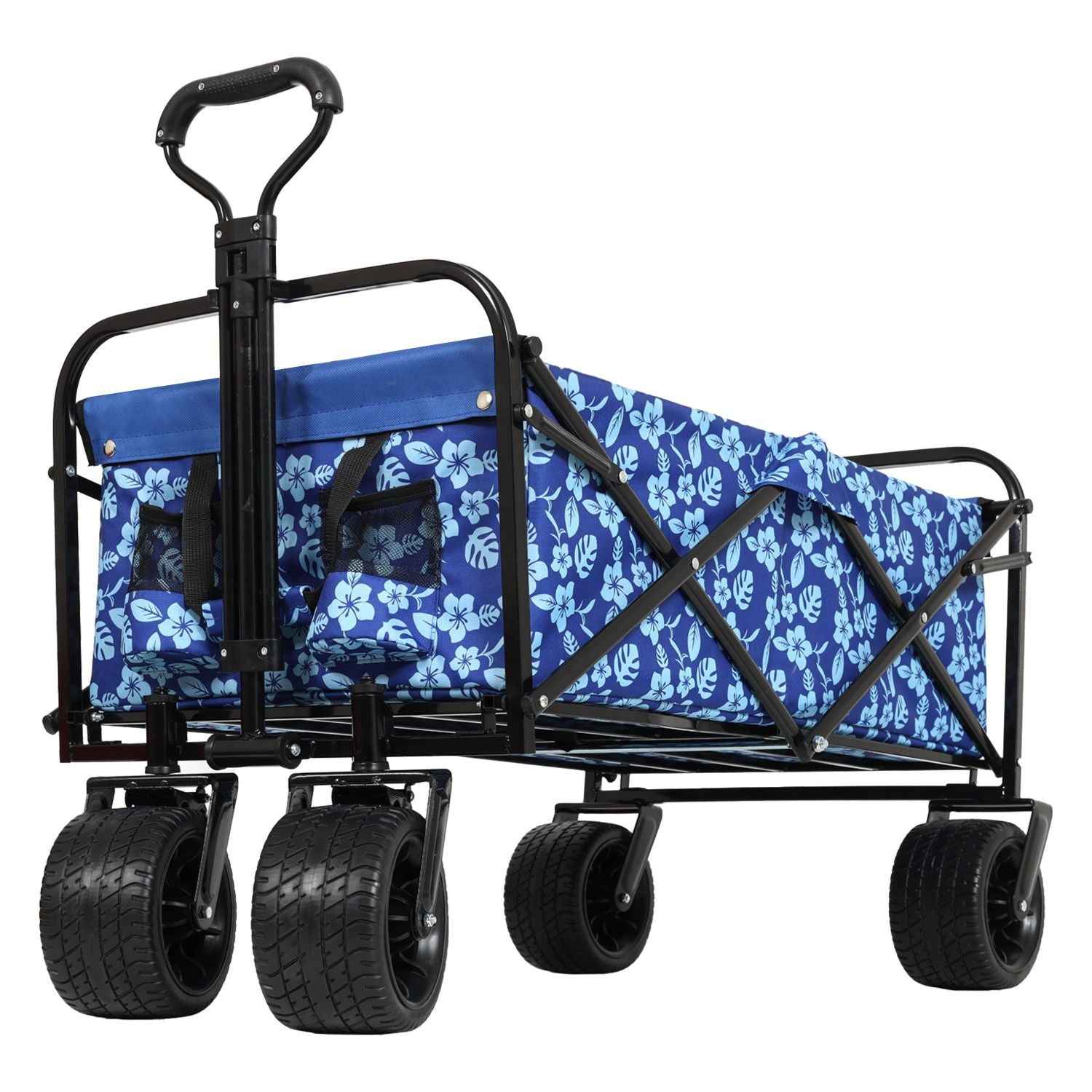 440lbs Collapsible Foldable Wagon Cart, Beach Wagon Utility Cart Utility Wagon Grocery Cart for Camping Shopping Sports Gardening Fishing, blue flower