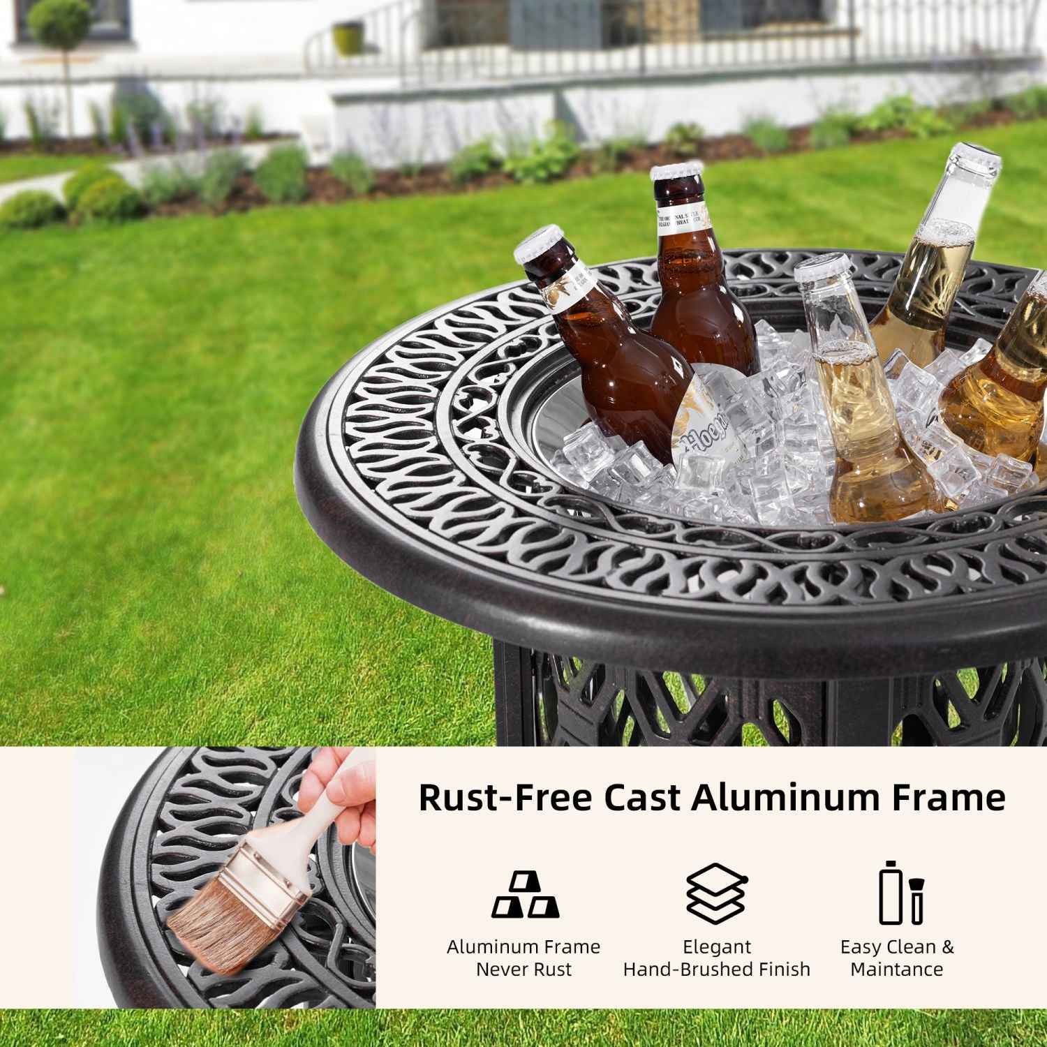 21" Side Table With Removable Ice Bucket- Rustproof Cast Aluminum Frame, Hand-Brushed Finish, Food-Grade 304 Stainless Steel Bucket - Perfect for Indoor & Outdoor, Patio, Balcony, and Poolside