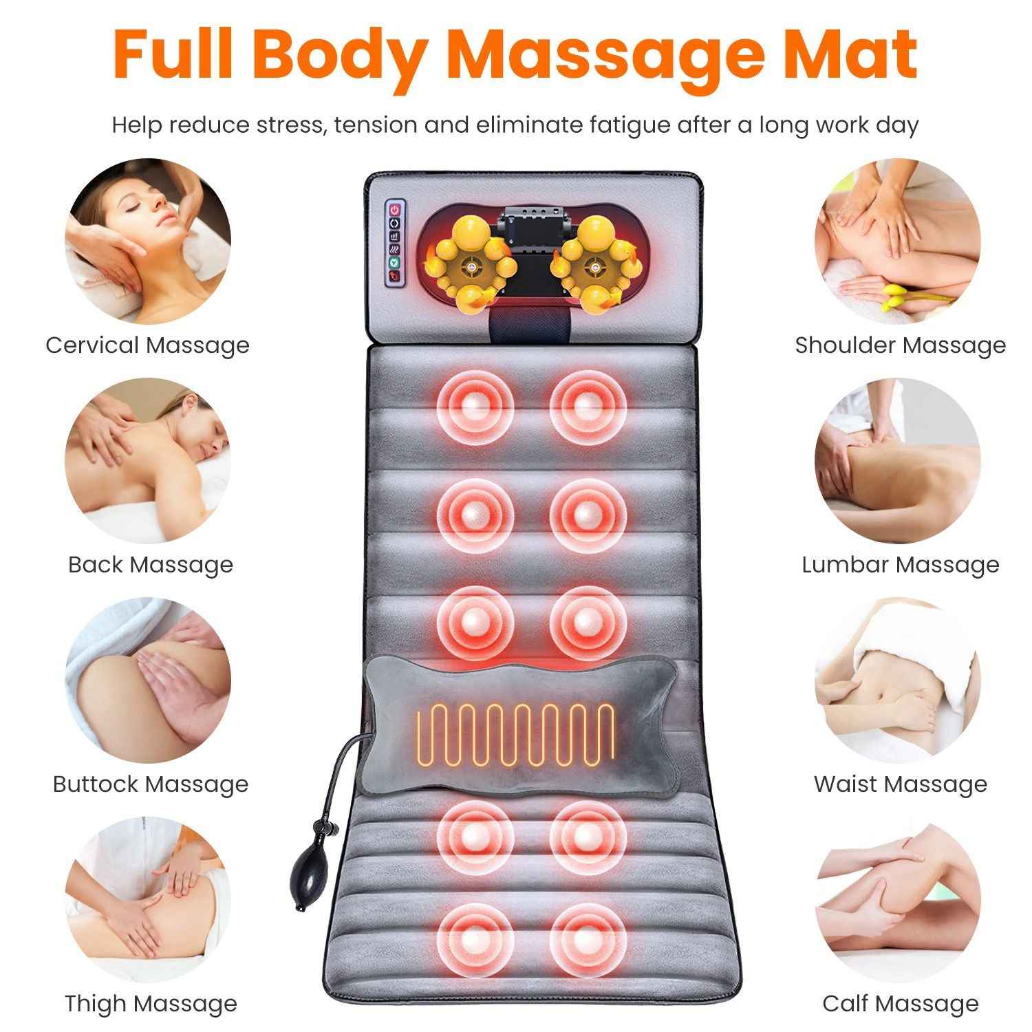 Full Body Electric Massage Mat with Heat Vibration Massage Pad Cushion Back Massage Mattress Chair Pad with Neck Massage Pillow with 10 Vibration Motors Timer GPCT5081