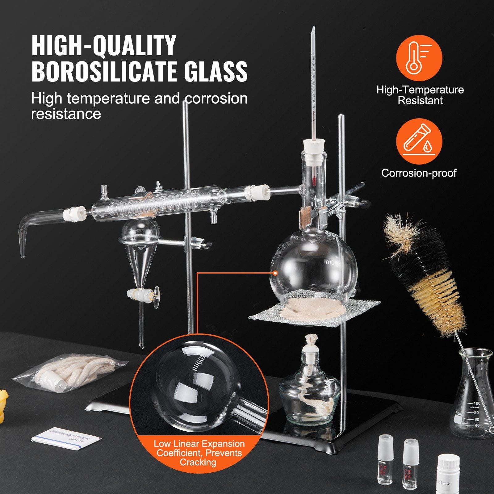 VEVOR Essential Oil Distillation Kit, 500ml Distillation Apparatus, 3.3 Boro Lab Glassware Distillation Kit with Alcohol Lamp, Ceramic Mesh and 24, 40 Joint, 28 pcs Set - JM Variety Store