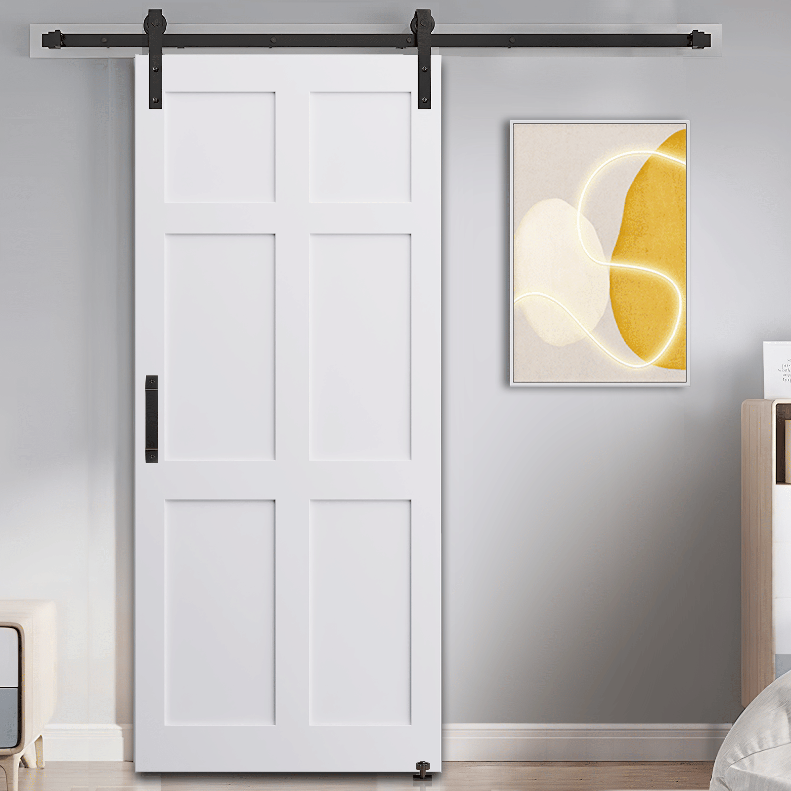 CRAZY ELF 28" x 84" Six Paneled Real Primed Door Slab + 6.6FT Barn Door Sliding Hardware + Adjustable Floor Guider + Pull Handle, DIY Unfinished Paneled Door, Modern Interior Barn Door, Water-proof - JM Variety Store