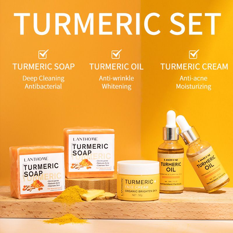 3pcs/set Turmeric Face Care Sets Facial Acne Cleansing Cream Anti-Aging Serum Remover Dark Spots Whitening Facial Oils Skin Care - JM Variety Store