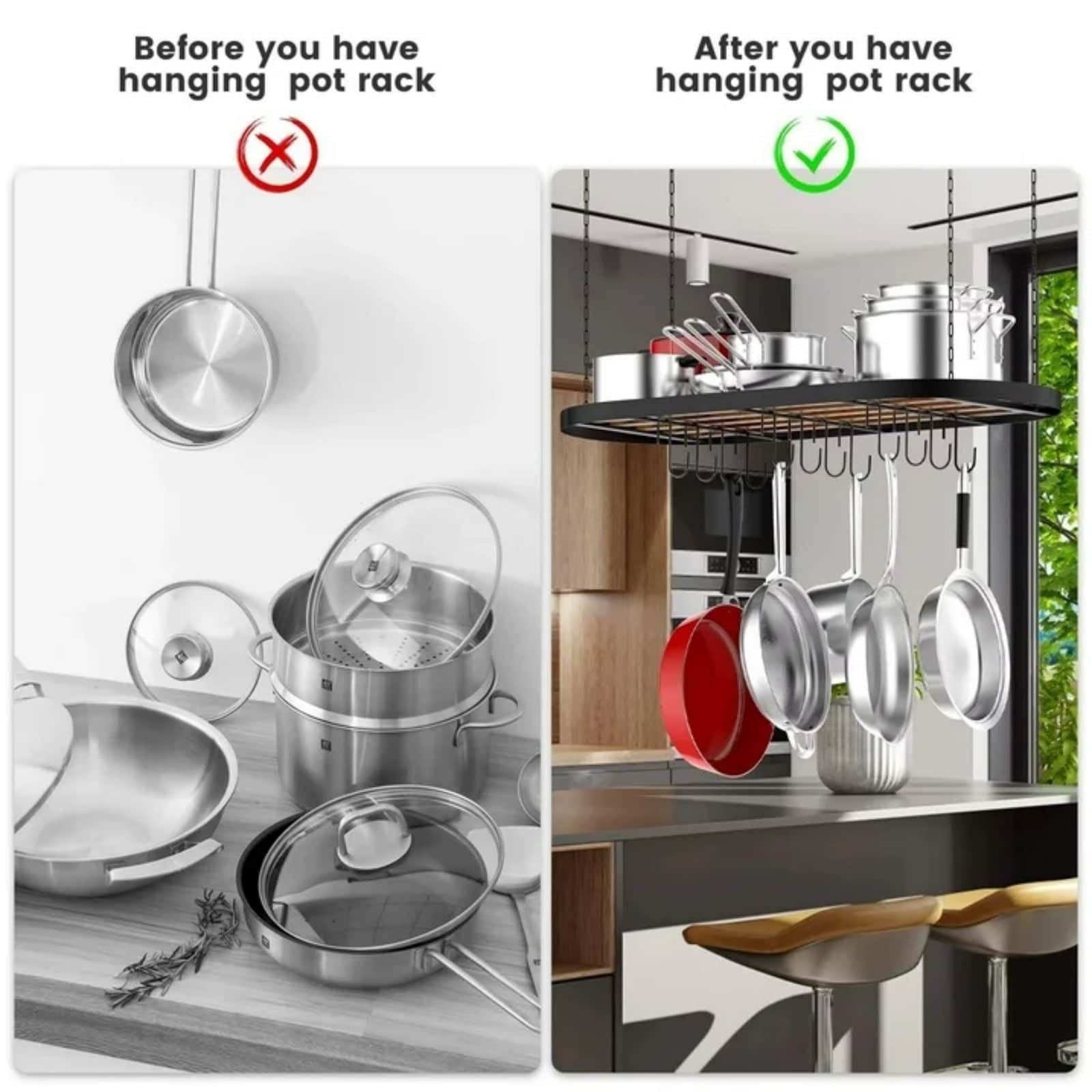 Hanging Pot Rack Ceiling Mount Cookware Organizer with 12pcs Hooks Pots and Pans Storage 33' Oval Pan Hangers for Kitchen,Easy Assembly, Black - JM Variety Store