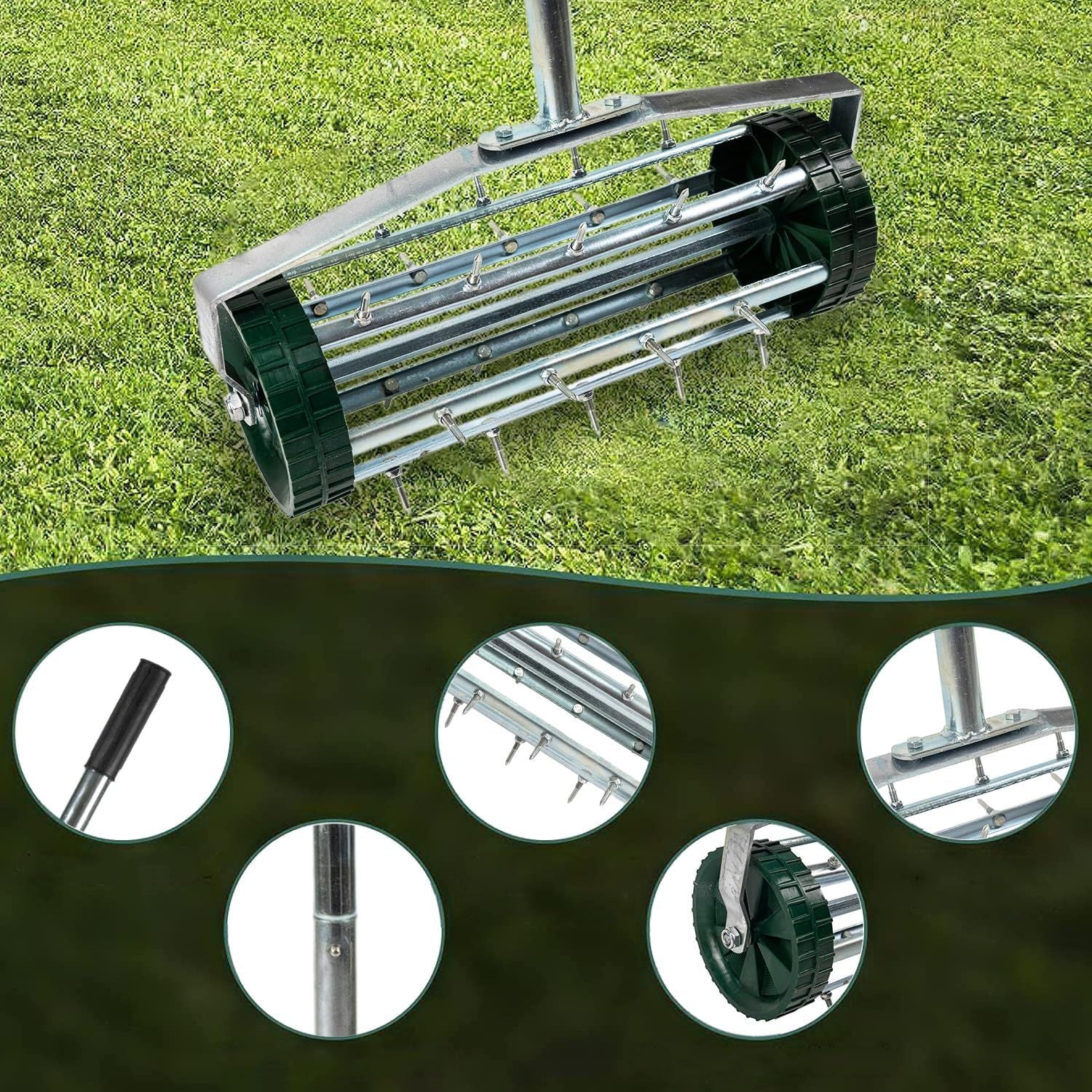 Heavy Duty Rolling Lawn Aerator,Rolling Lawn Aerator, Rotary Push Tine Spike Soil Lawn Aerator Gardening Tool with 3-Piece Long Steel Handle for Garden Yard Grass Maintenance,Garden Yard Rotary Push - JM Variety Store