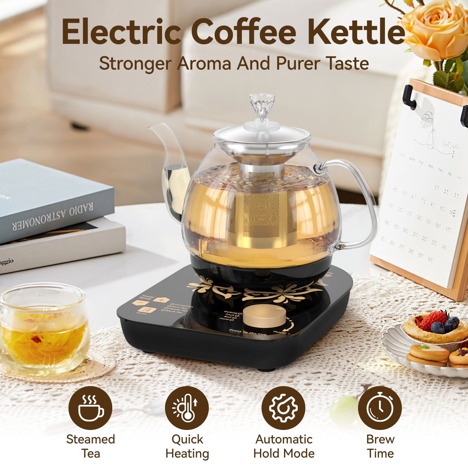 Electric Glass Kettle with Steaming and Brewing Modes Temperature and Timer Programs Cordless 800W 0.8L Capacity Perfect for Brewing Tea - JM Variety Store