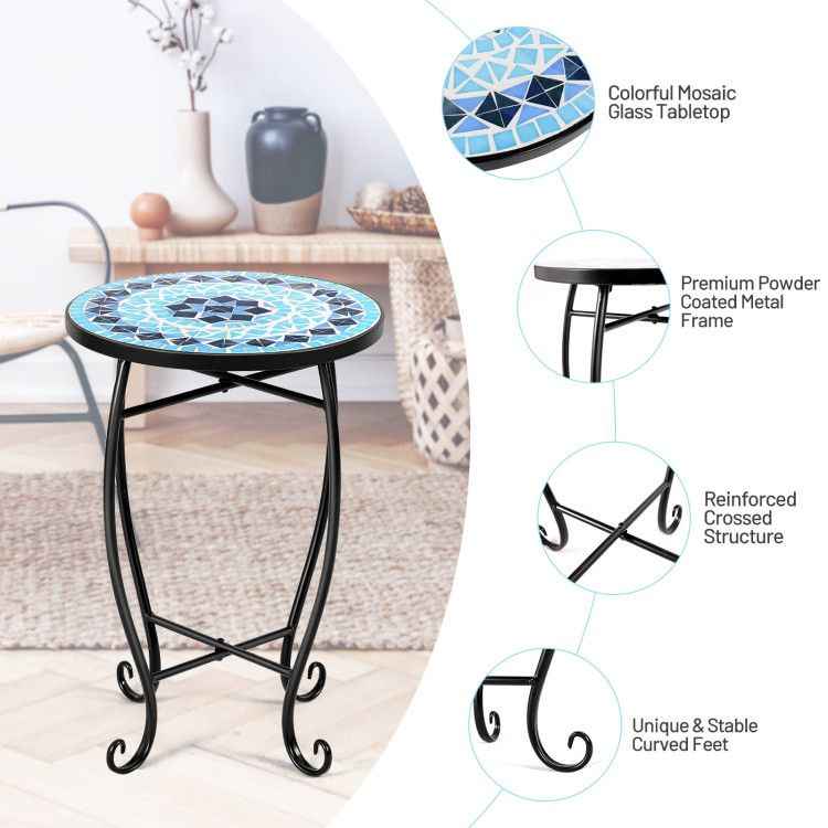 14 Inch Mosaic Round Side Table Plant Stand for Patio Lawn Garden