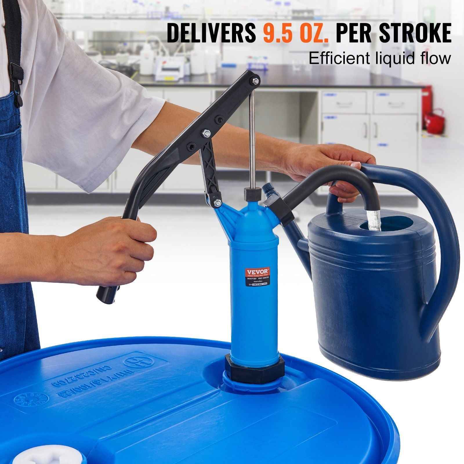 VEVOR Drum Pump, 9.5 oz. Per Stroke, Lever-Action Barrel Pump, Fits 5-55 Gallon Drums with 3-Section Suction Tube Assembly & Hose, Hand Operated, Designed to Transfer Water, Alcohol, Corrosive Liquids