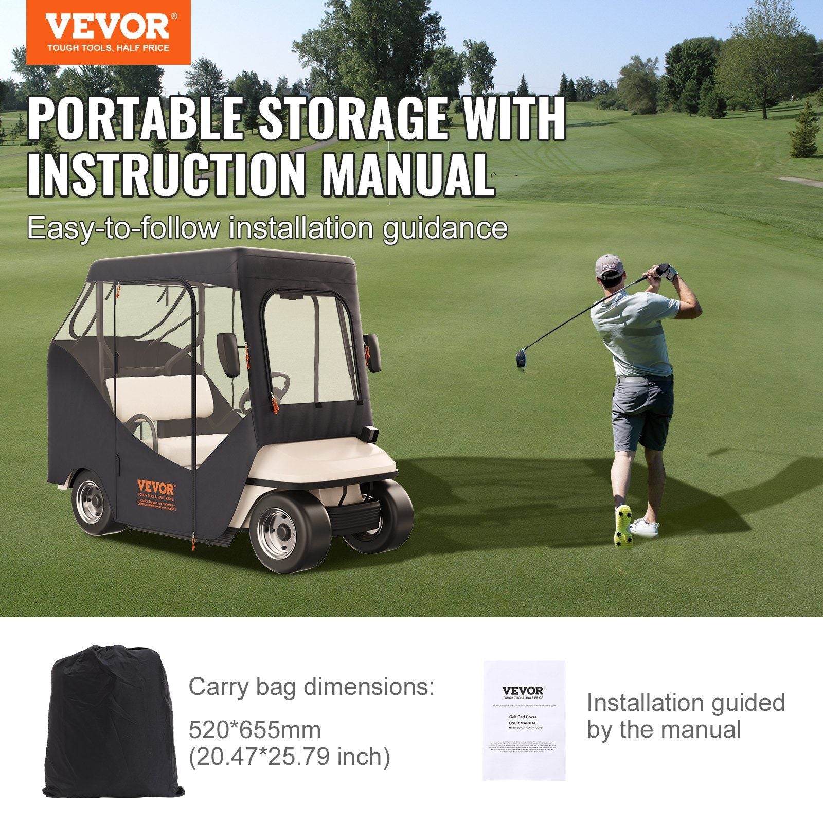 VEVOR Golf Cart Enclosure, 600D Polyester Driving Enclosure with 4-Sided Transparent Windows, 2 Passenger Club Car Covers Universal Fits for Most Brand Carts, Sunproof and Dustproof Outdoor Cart Cover - JM Variety Store