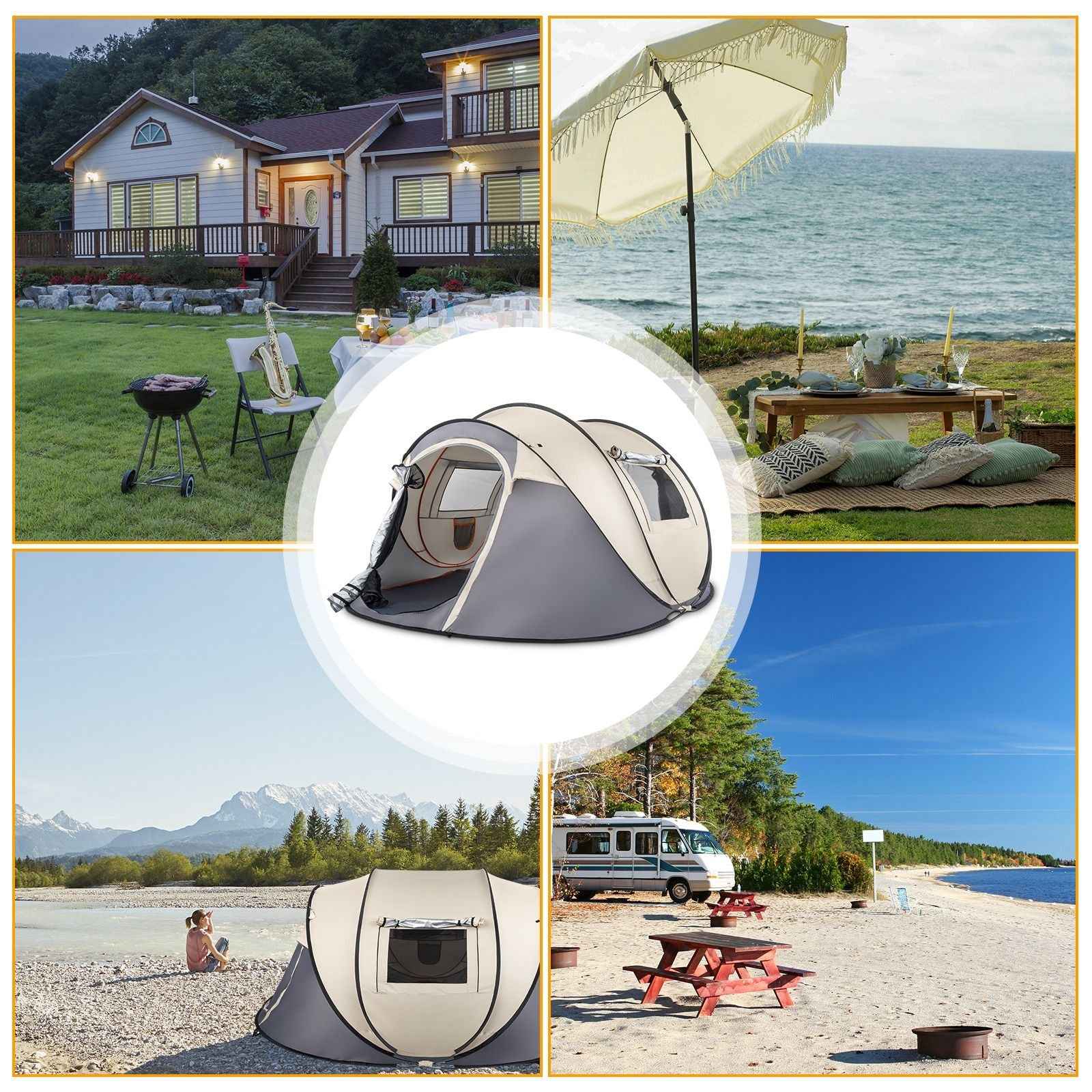 Camping Tent Boat Speed Open 3-4 People Coffee Fiber Pole Polyester Fabric 110.24*39.37*47.24 inch Family/Friends Party Camping