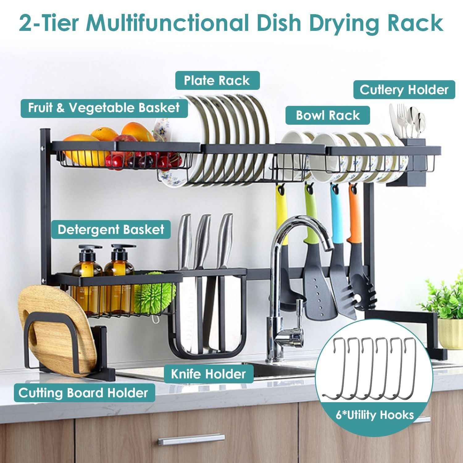 2-Tier Over the Sink Dish Drying Rack Drainer Utensil Organizer Holder Tableware Organizer Large Dish Rack for Kitchen Countertop Stainless Steel 33.7in