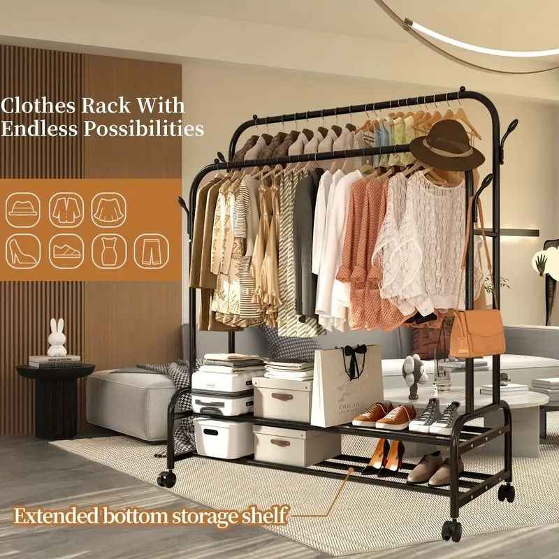 Heavy-Duty Rolling Metal Garment Rack with Dual Bars - Portable Clothes Hanger w/Shelves - Hooks, Multi-Functional Wardrobe Organizer for Bedroom/Laundry,